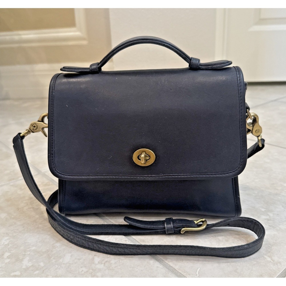 VTG Coach Court Bag Glove tanned Black Leather 9870 USA Top Handel Crossbody *